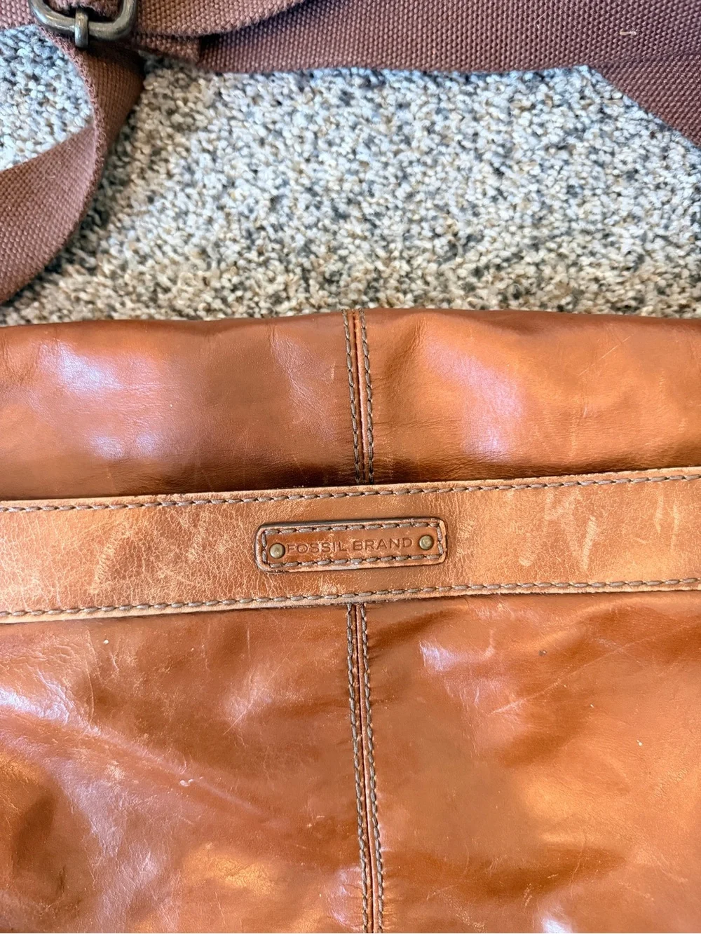Fossil Cognac Brown Leather Messenger Bag with Adjustable Strap